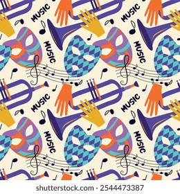 An artistic pattern with trombone for New Year Party or Сoncert holiday. Carnival masks, abstract forms. Purple, green, orange, white. For fabric, textiles, wrapping paper, postcards, theater poster.