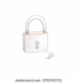 An artistic pencil illustration featuring a simple padlock and a single key representing security safety and access control
