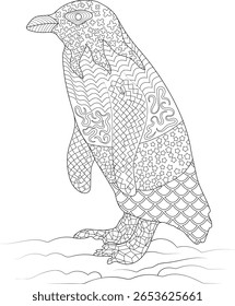 Pinguim artístico adulto colorir página do livro com padrões complexos, ideal para terapia anti-estresse e relaxamento criativo.