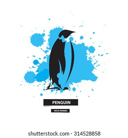 Artistic penguin icon on the colorful blots background. Stylized graphic illustration. Vector wild animal.