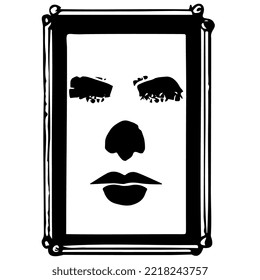 Artistic picture frame with abstract face black silhouette isolated on white. Grunge style with jagged edges. Vector clipart.
