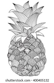 Artistic pineapple on white background. Hand-drawn, doodle, vector, zentangle, tribal design element.  Black and white  background. Made by trace from sketch. Zen art. Coloring book page for adult.