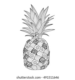 Artistic pineapple on white background. Hand-drawn, doodle, vector, zentangle, tribal design element. Black and white background. Made by trace from sketch. Zen art. Coloring book page for adult