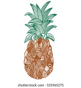 Artistic pineapple on white background. Hand-drawn, doodle, vector, zentangle, tribal design element. Suits as tattoo or logo template, decorative piece or coloring book sketch. Isolated on white. Zen