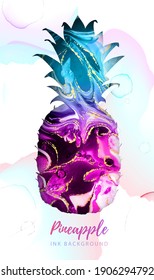 Silhouette de piña artística con textura de tinta alcohólica. Fondo de textura de mármol