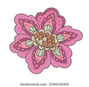 An artistic pink flower illustration with layered petals and intricate details. Vector artwork, isolated on white. Ideal for use in print, textiles, and greeting cards.