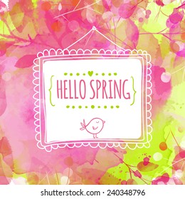 Artistic pink and green background with watercolor texture and leaves traces. Hanging hand drawn square frame with text hello spring and bird. Vector design for spring sales, banners, wedding cards.