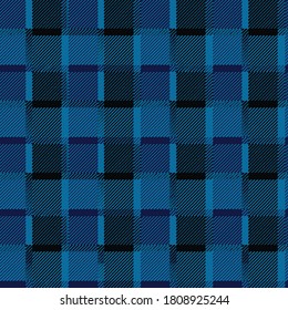 Control artístico de plaid en tonos azul, indigo y sin costura. Diseño de impresión de tela de efecto vintage moderno para alfombras, alfombras, suelos, traje, motivos digitales o tejidos