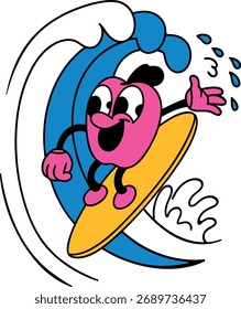 Mascote de ameixa artística estilo plano personagem ondas de surf
