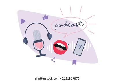 Artistic podcast cover design. Female podcast. Set different podcasting stuff. Flat cartoon illustration with different podcast elements. Podcast recording and listening, online broadcasting