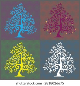 Artistic Pop-Art Tree Collection on Geometric Patterned Backdrops. This artistic set features four stylized trees with elegant swirling branches in a pop-art style. Each tree—colored in blue, maroon, yellow, and white—is placed against a unique contrasting hexagonal linear grid background. The fusion of organic spiral shapes and structured geometric honeycomb patterns creates a striking visual impact. Ideal for modern wall art, seasonal branding, creative greeting cards, and digital wallpapers.