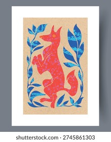Artistic Portrayal Of Red Fox With Leafy Accents On Textured Background Suitable For Greeting Cards