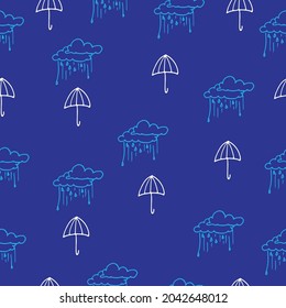 Artistic portrayal of an umbrella with rainfall in our seamless vector pattern! Ideal for adding a refreshing and tranquil ambiance to your designs, this hand-drawn illustration is both unique