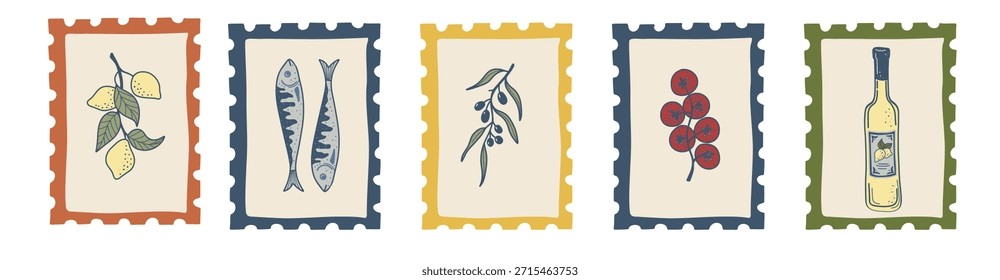Künstlerische Briefmarken, inspiriert von der Amalfiküste, Italien, mit mediterraner Küche, Zitrusfrüchten, Olivenölflaschen und Vintage-Dekor.