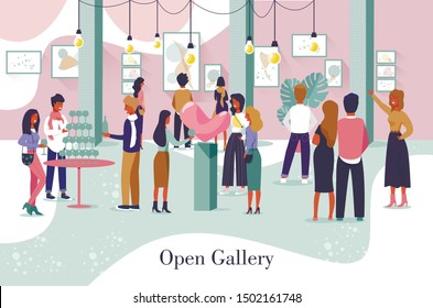 Artistic Poster Advertising Open Gallery Event. Cartoon Male Female People Character And New Museum Viewing Exhibits, Artworks And Paintings. Artist And Visitors Celebrate Opening. Vector Illustration