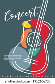 Artistic poster artwork for classical guitar music concert. Contemporary style abstract line art guitar drawing. Musical event vector flyer illustration concept.