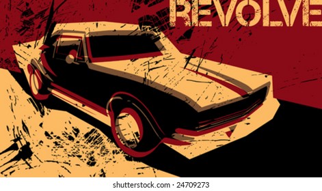 Afiche artístico con auto. Ilustración vectorial.