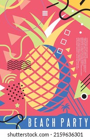 Artistic poster concept for beach party with colorful pineapple and various design elements. Vector party card invitation design.