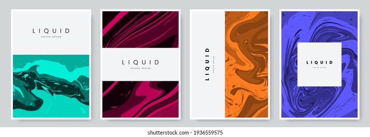 Artistic poster design with marble textured effect. Colorful liquid acrylic paint vector background. Abstract fluid art backdrop. Ideal for cover, placard, flyer, banner, greeting card, package.