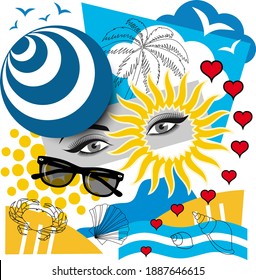 Artistic poster on the theme of the beach - a collage made with various realistic elements or geometric shapes.