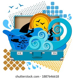 Artistic poster on the theme of a vacation by the sea - a collage with several water sports coming out of a suitcase against a background of geometric shapes.