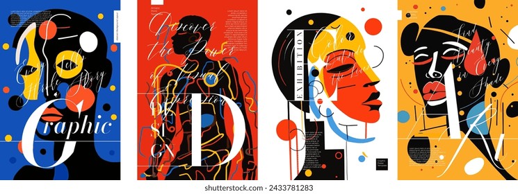 Artistic poster set. Abstract person portrait in simple graphic color psychedelic spots creative placard. Design art modern painting exhibition and fashion print concept. Trendy artwork vector banner