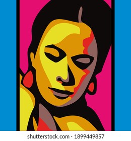 Artistic poster of a young woman's face made with a color collage.