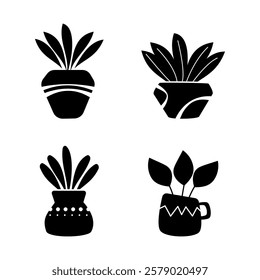 Artistic potted plants. Flat design style. unique style vase.