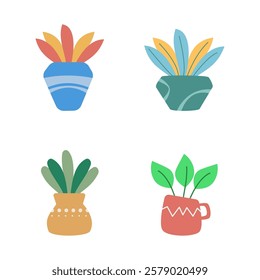 Artistic potted plants. Flat design style. unique style vase.