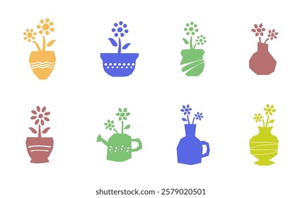 Artistic potted plants. Flat design style. unique style vase.