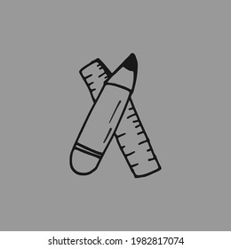 Artistic Precision Symbol: Immerse your visuals in artistic precision using this isolated hand-drawn icon. The crossed pencil and ruler on a grey background add a touch of creativity to your design 