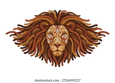 Artistic predator portrait. Lion face illustration. Tribal tattoo style. King of jungle. African wildlife design.