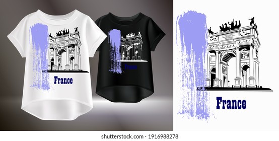 Artistic print for a T-shirt. Vector illustration of white and black womens t-shirts. Isolated image of women's clothing. Drawing of French architecture on a T-shirt.