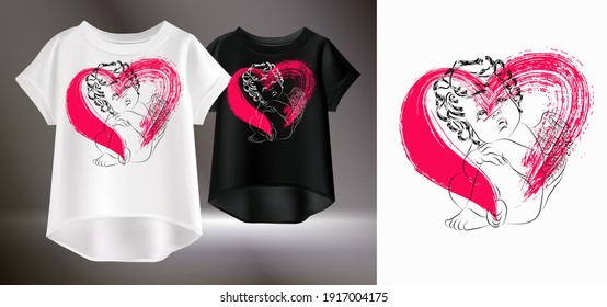 Artistic print for a T-shirt. Vector illustration of women's t-shirts. Isolated image of women's clothing. Drawing of an angel with wings and a red heart on a t-shirt.