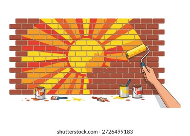 Künstlerischer Prozess der Malerei Sonnensymbol auf Ziegelwand Oberfläche mit gelben und roten Farben mit professionellen Werkzeugen.