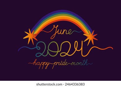 An artistic rainbow vector banner with handwritten text June 2024 Happy Pride Month, set against a dark backdrop, flanked by stylized starbursts, celebrating LGBTQ+ Pride Month.