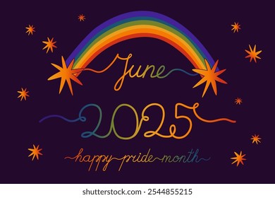 An artistic rainbow vector banner with handwritten text June 2025 Happy Pride Month, set against a dark backdrop, flanked by stylized starbursts, celebrating LGBTQ Pride Month.