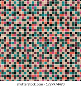 Artistic random mosaic background from print colors cyan, magenta, black, orange, pink, green, burgundy, brown, coffee, turquoise with white margins.