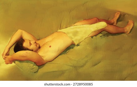 Artistic realistic vector illustration of a man figure in classic paintings style lying in bed 