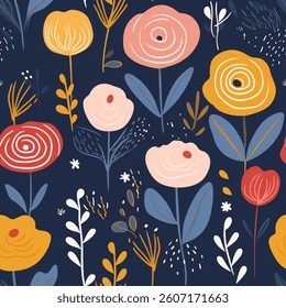 Artistic Red Blue Pink Yellow French Grey White Abstract Wild Flower Elegant Leaf Watercolor Scandinavian Design Seamless Pattern Wallpaper Curtain Bedding Upholstery Pastel Fabric Background Vector