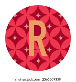 Artistic red circle design with the letter ‘R’ centered over an overlapping circular pattern, accented by golden star elements. A perfect addition to artistic or decorative designs.