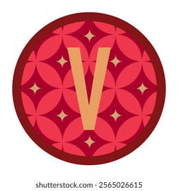 Artistic red floral vector design featuring a gold letter V with a circular border. Ideal for branding, stationery designs, and upscale packaging concepts.