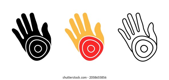 Artistic red geometric round shape card in palm. Present circle sign vector icon set. Silhouette, colored, linear icon set. Logo-web, icon design element.