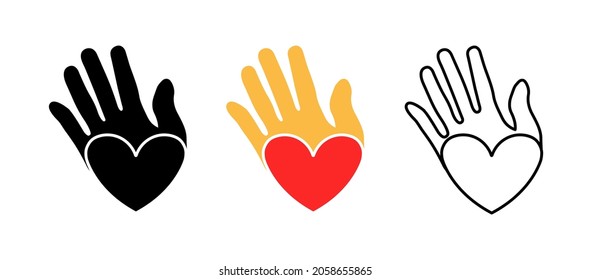 Künstlerische rote Herzform Karte in Palme. Stellen Sie das Vektorsymbol für Herzzeichen bereit. Silhouette, farbige, lineare Icon-Set. Logo-Web, Symbol Design Element.