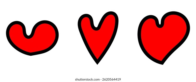 Artistic red heart vector icons with black outlines, editable romantic love symbols perfect for greeting cards, and creative designs.