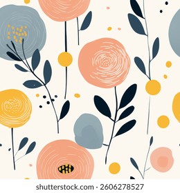 Artistic Red Pink Yellow Orange Aqua Brown French Grey White Abstract Wild Rose Flower Elegant Leaf Watercolor Scandinavian Design Seamless Pattern Wallpaper Upholstery Pastel Fabric Background Vector