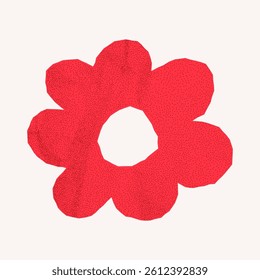 Artistic red wildflower flat silhouette with jagged torn edges. Crumpled paper texture and halftone shading, a simple element for scrapbook or digital collage.