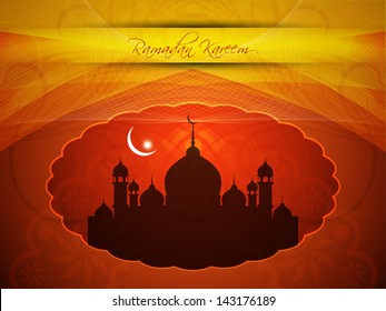 artistic religious background design with brown color mosque in oval shaped frame and text ramadan kareem. vector illustration