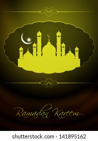 artistic religious background design with yellow color mosque in oval shaped frame and text ramadan kareem. vector illustration