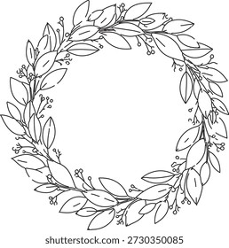 Uma renderização artística de uma coroa de flores circular composta de folhas detalhadas e pequenas bagas. Esta guirlanda naturalista forma um quadro elegante. Ideal para cartões comemorativos, convites de casamento ou acentos decorativos. Linhas delicadas evocam uma sensação rústica e orgânica.